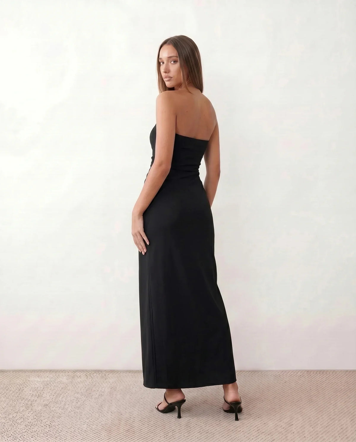 Black Women's Strapless Maxi Dress with Ruched Waist & Side Slit