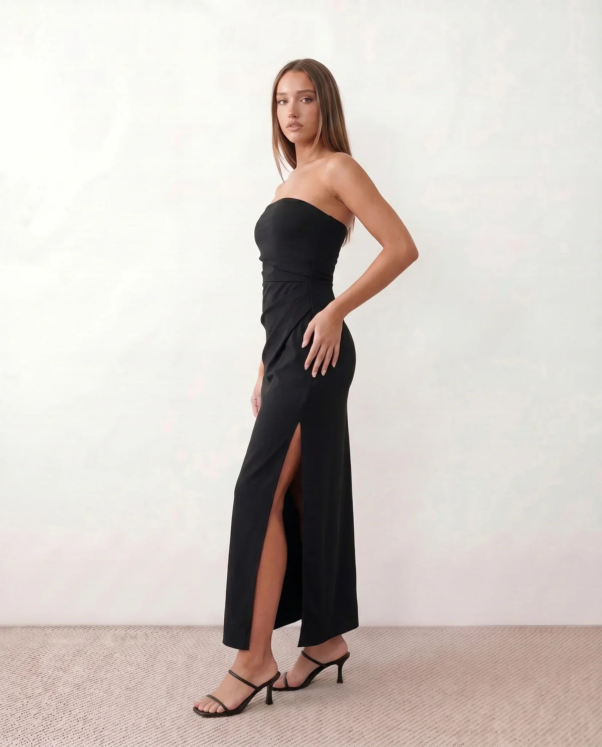 Black Women's Strapless Maxi Dress with Ruched Waist & Side Slit