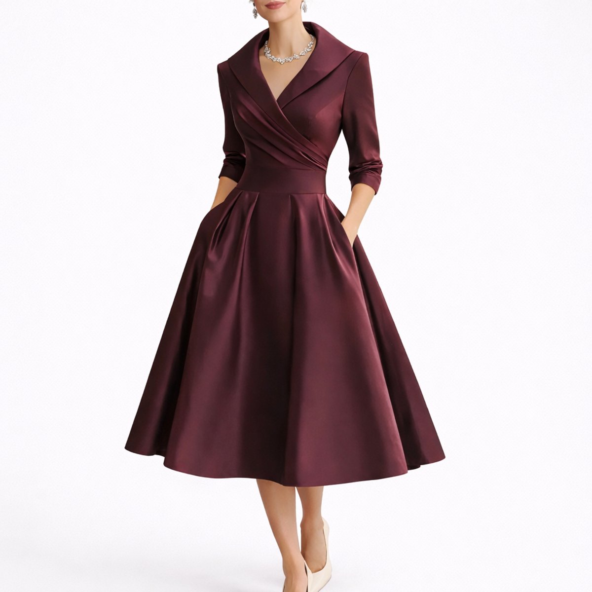 Red Women's Wrap Midi Dress with V-Neck & Three-Quarter Sleeves