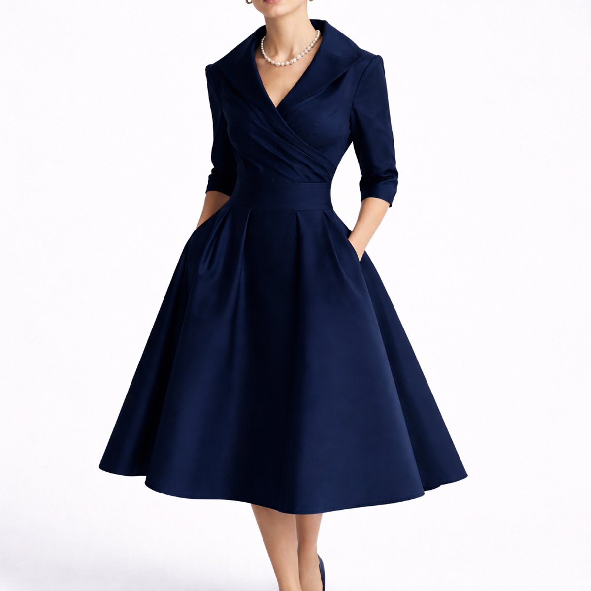 Navy Women's Wrap Midi Dress with V-Neck & Three-Quarter Sleeves