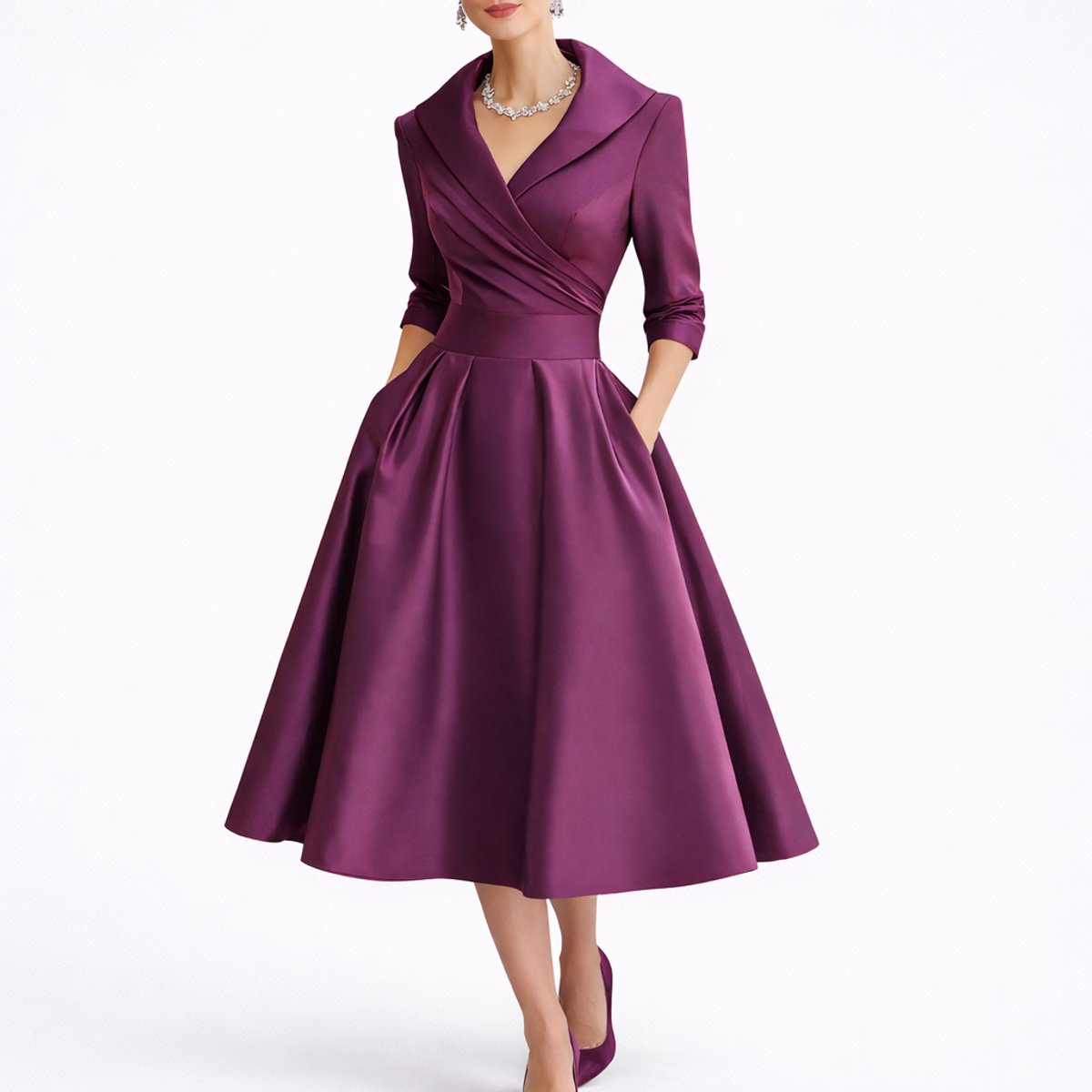 Lilac Women's Wrap Midi Dress with V-Neck & Three-Quarter Sleeves