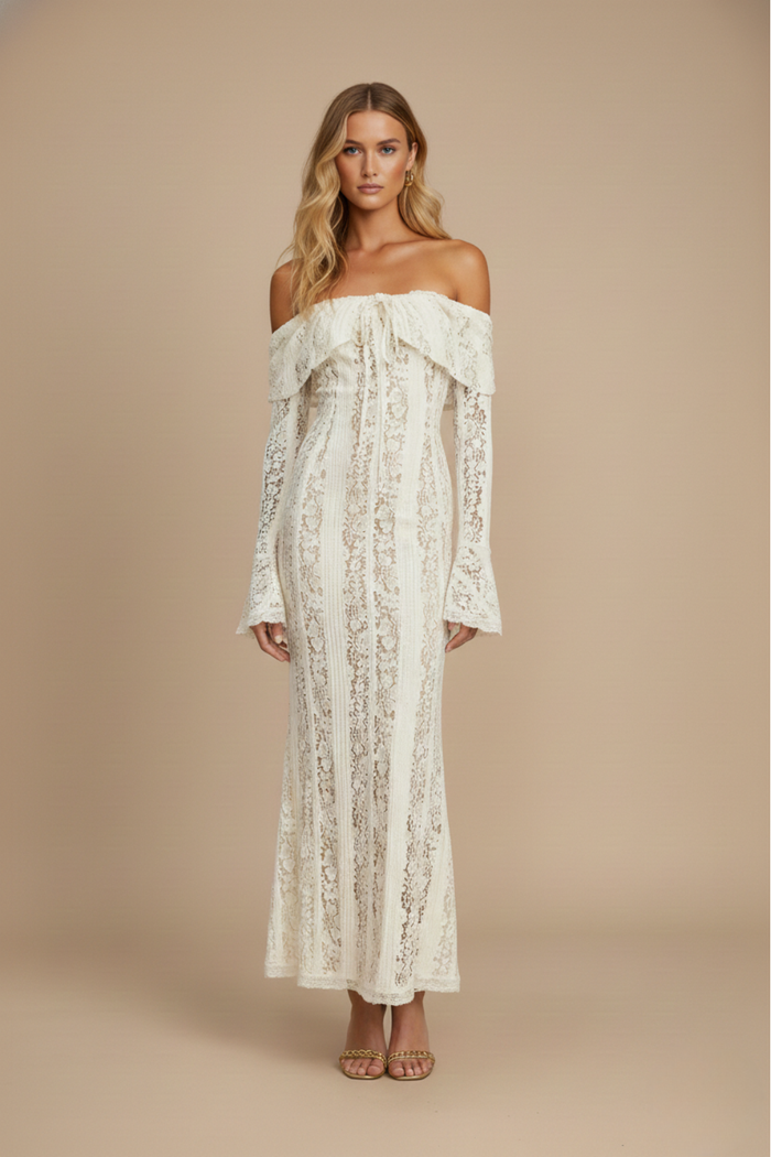 Cream Women's Off Shoulder Lace Maxi Dress with Flared Sleeves & Fitted Bodice