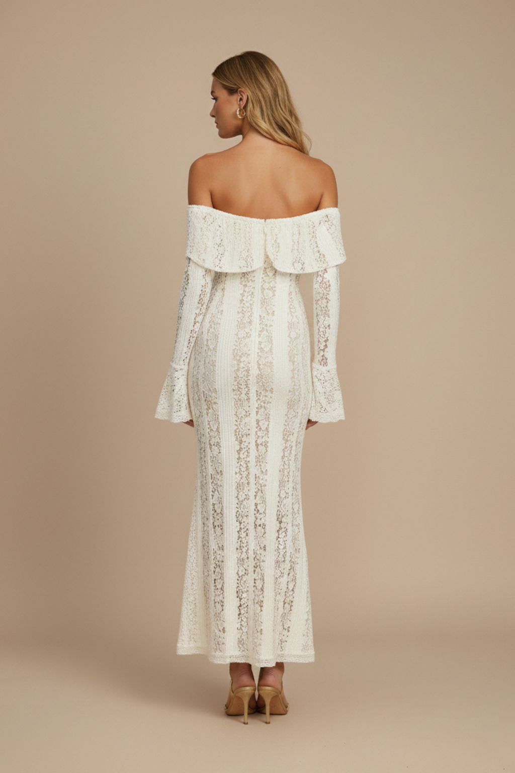 Cream Women's Off Shoulder Lace Maxi Dress with Flared Sleeves & Fitted Bodice