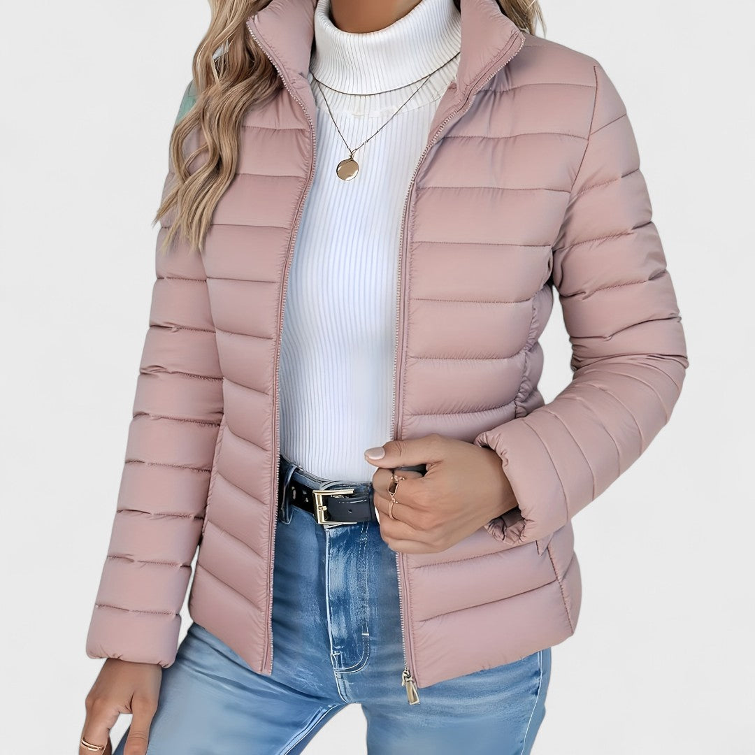 Women's Quilted Jacket with Stand Collar & Zip Front