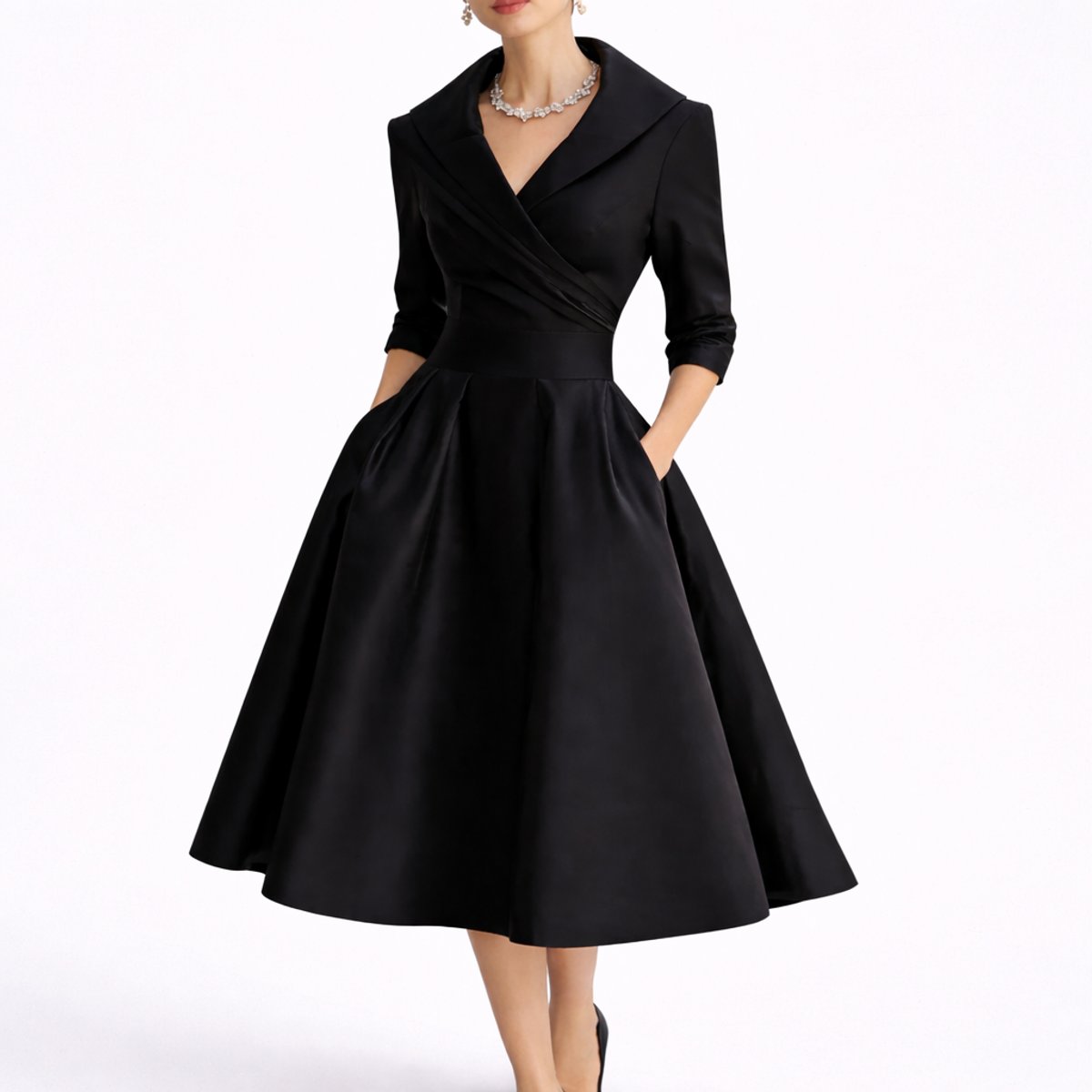 Black Women's Wrap Midi Dress with V-Neck & Three-Quarter Sleeves
