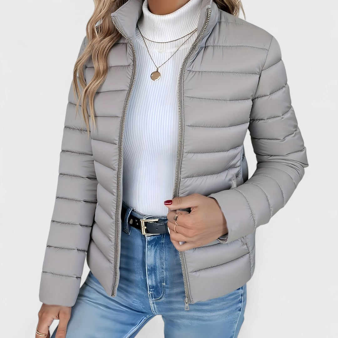 Women's Quilted Jacket with Stand Collar & Zip Front