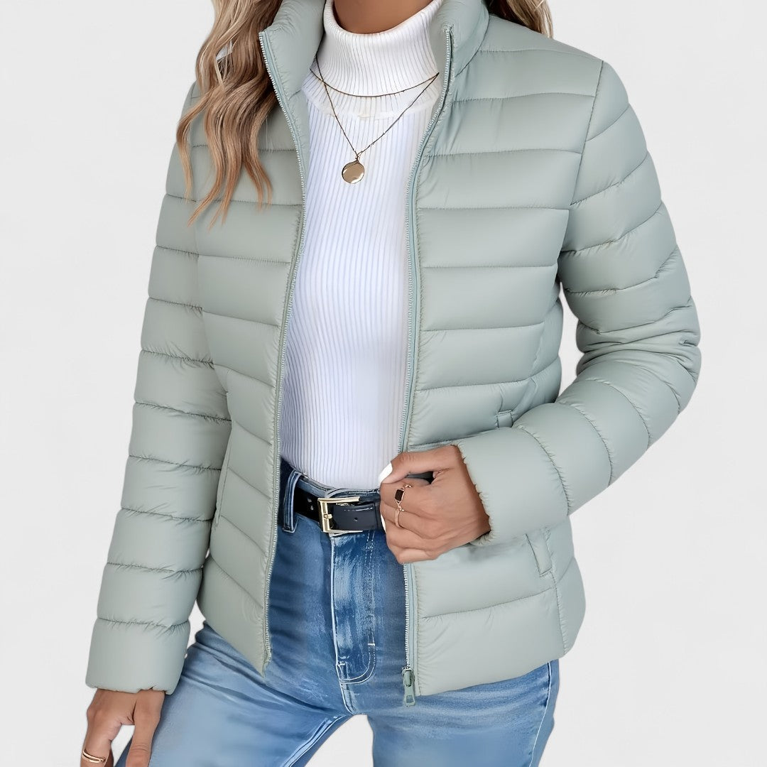 Women's Quilted Jacket with Stand Collar & Zip Front