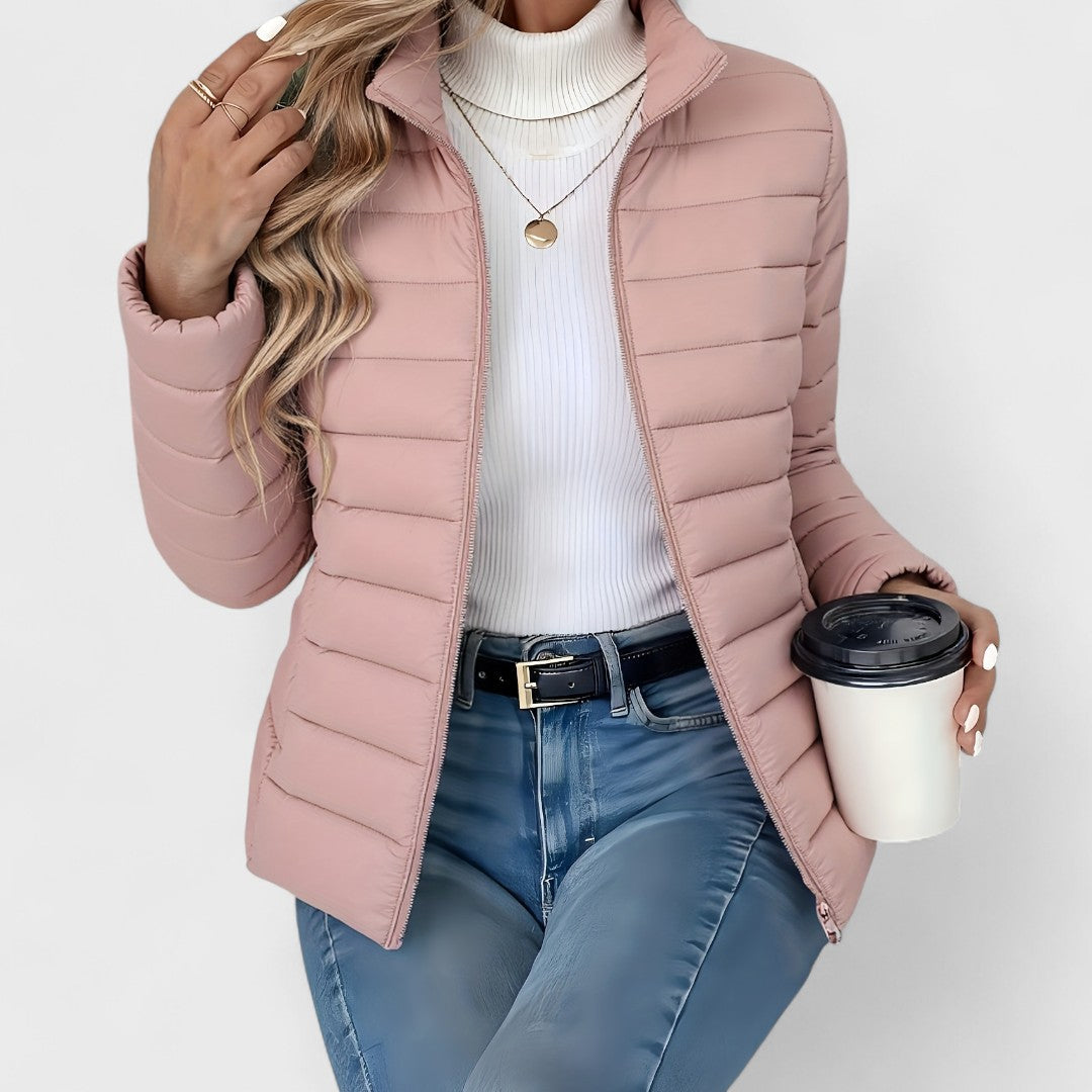 Pink Women's Quilted Jacket with Stand Collar & Zip Front