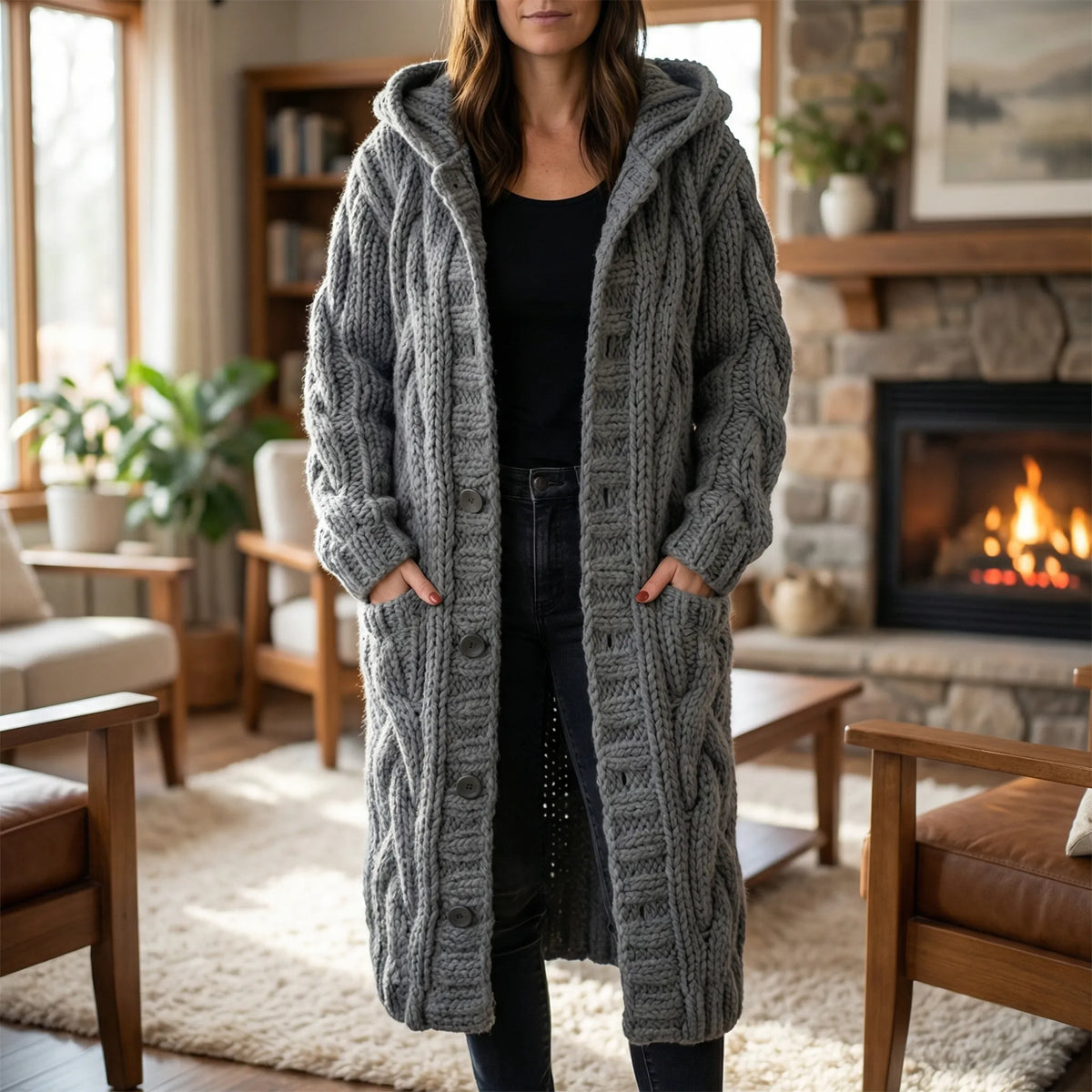Women's Hooded Cardigan with Cable-Knit Texture & Button Front