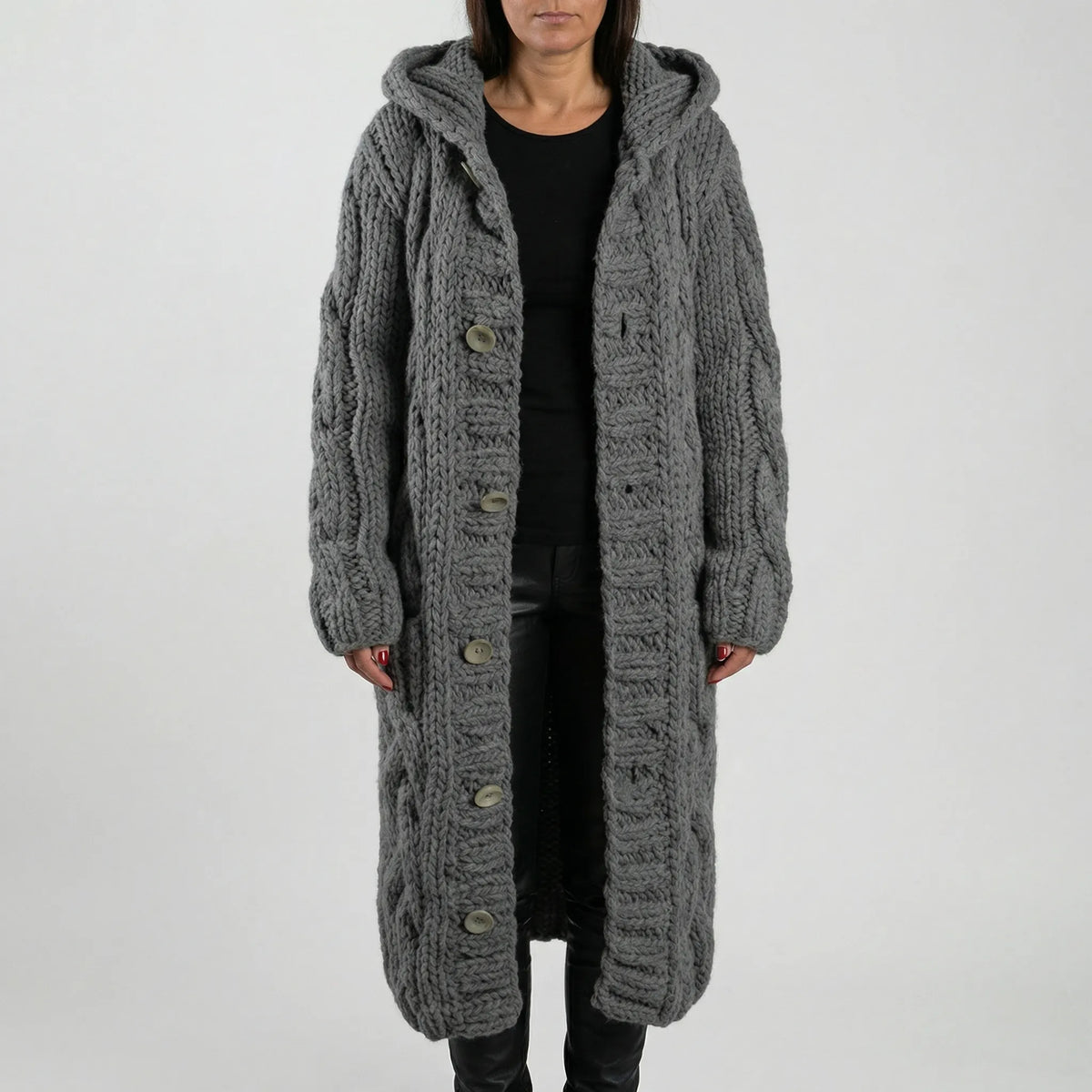Women's Hooded Cardigan with Cable-Knit Texture & Button Front