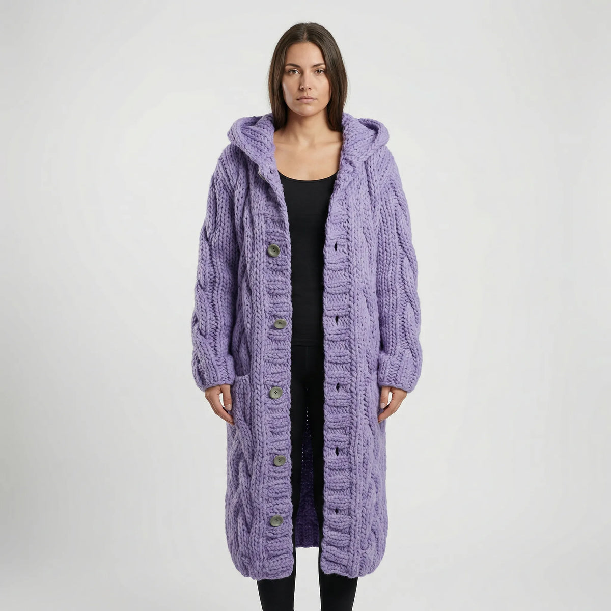 Purple Women's Hooded Cardigan with Cable-Knit Texture & Button Front