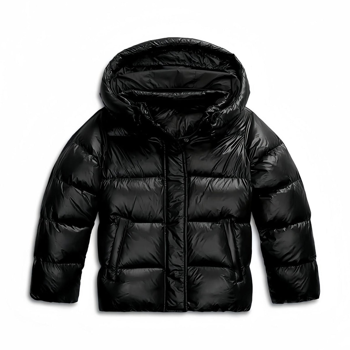 Black Women's Hooded Winter Jacket with Glossy Quilted Design & Side Pockets