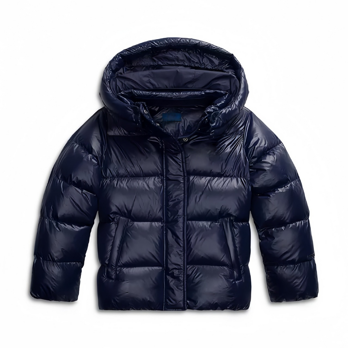 Dark Blue Women's Hooded Winter Jacket with Glossy Quilted Design & Side Pockets