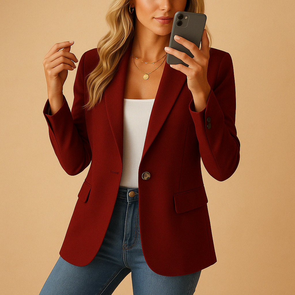 Dark Red Women's Fitted Blazer with Peak Lapels & Stretch Sculpting Fit