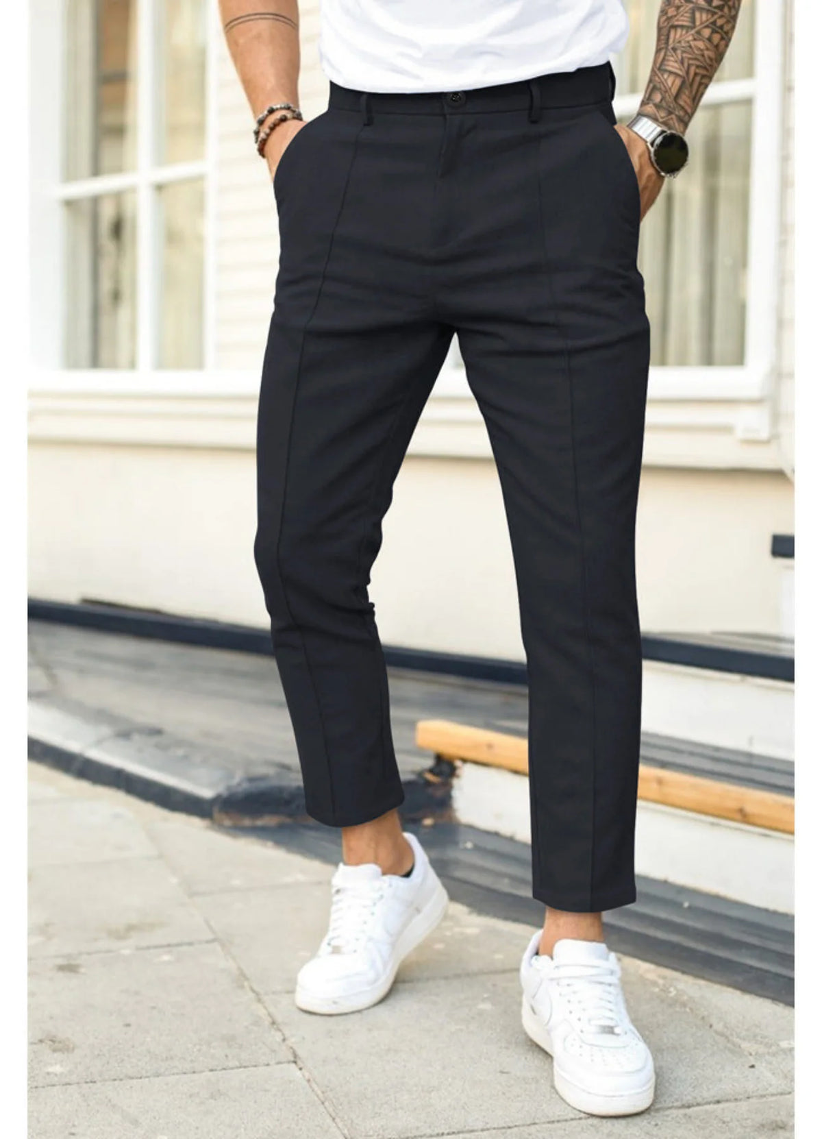 Black Men's Ankle Length Trousers with Tapered Fit & Stretch Comfort