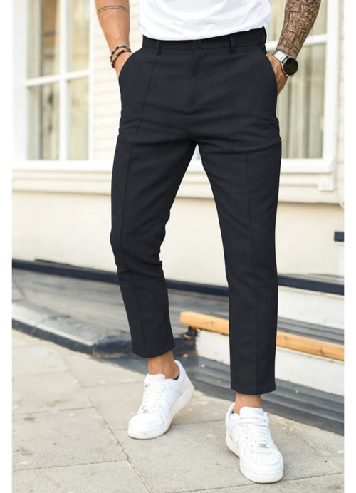Black Men's Ankle Length Trousers with Tapered Fit & Stretch Comfort