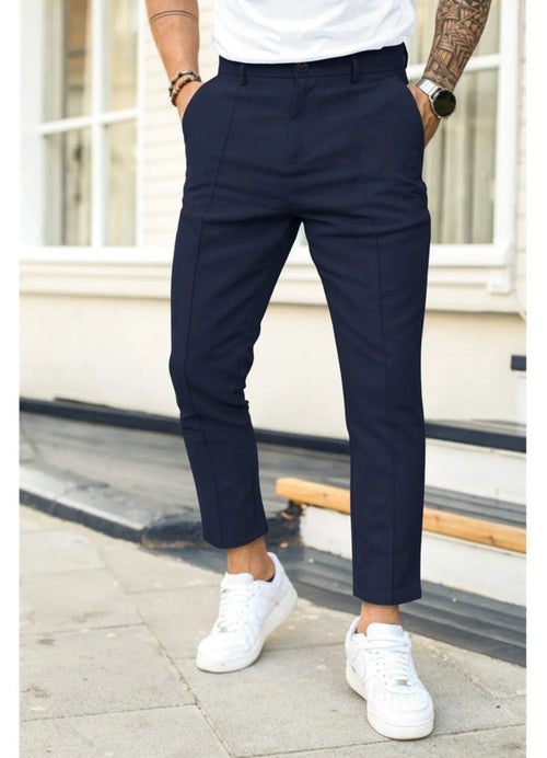 Blue Men's Ankle Length Trousers with Tapered Fit & Stretch Comfort