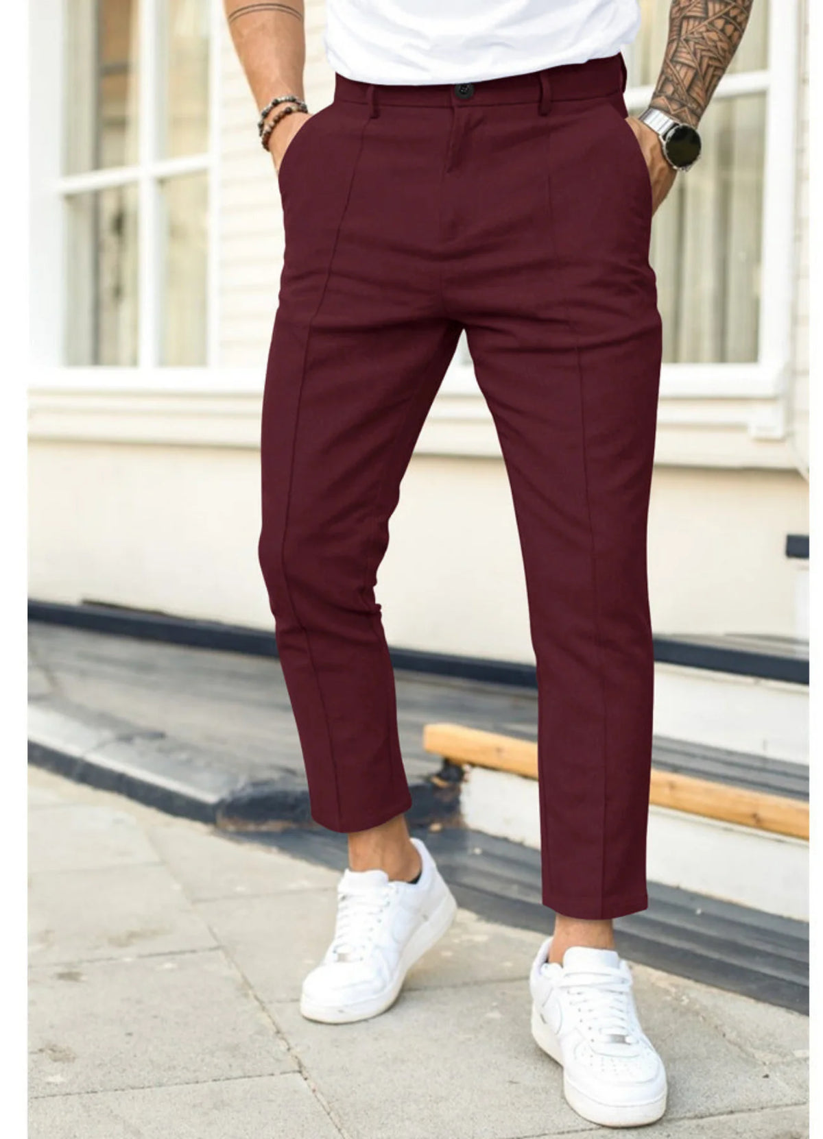 Dark Red Men's Ankle Length Trousers with Tapered Fit & Stretch Comfort - Side Pose