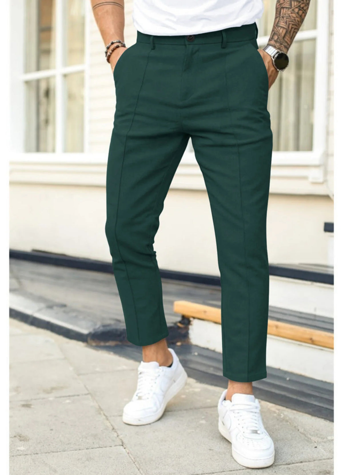 Green Men's Ankle Length Trousers with Tapered Fit & Stretch Comfort
