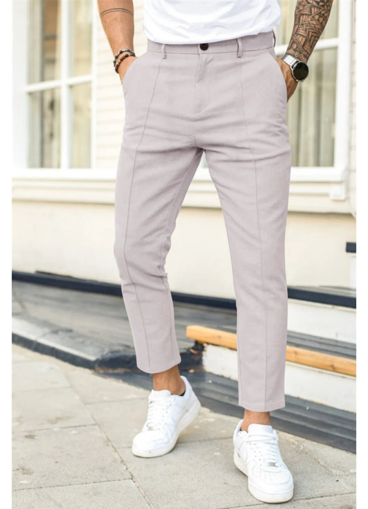 Light Grey Men's Ankle Length Trousers with Tapered Fit & Stretch Comfort