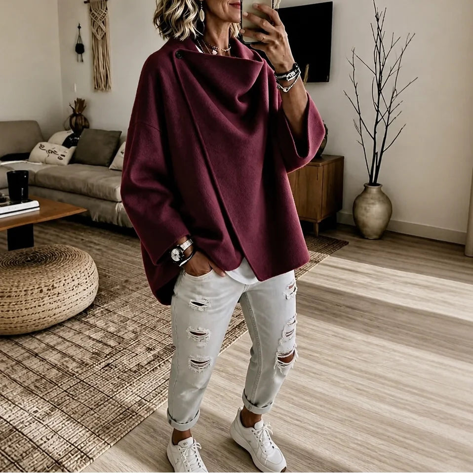 Burgundy Women's Cape Jacket with Asymmetric Button Collar & Relaxed Drape