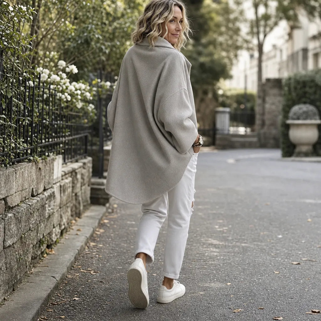 Women's Cape Jacket with Asymmetric Button Collar & Relaxed Drape - Back View Outdoor