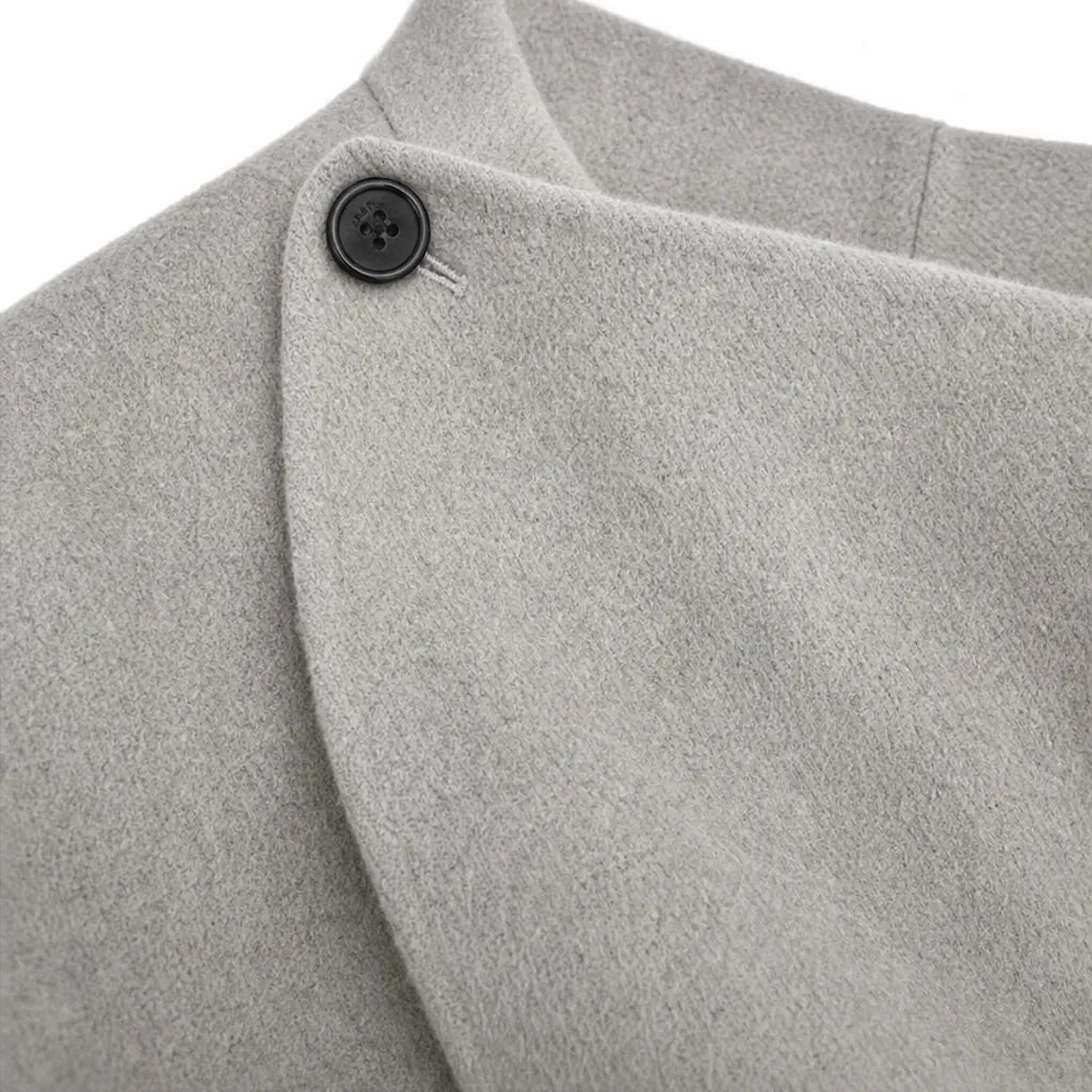 Women's Cape Jacket with Asymmetric Button Collar & Relaxed Drape - Collar Button Closeup