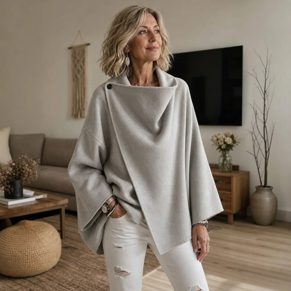 Women's Cape Jacket with Asymmetric Button Collar & Relaxed Drape - Front Full Pose