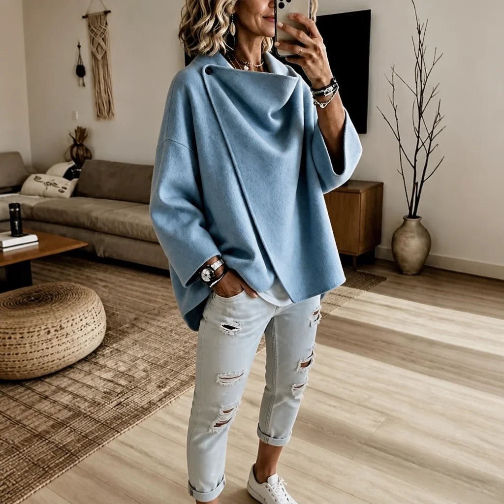 Light Blue Women's Cape Jacket with Asymmetric Button Collar & Relaxed Drape