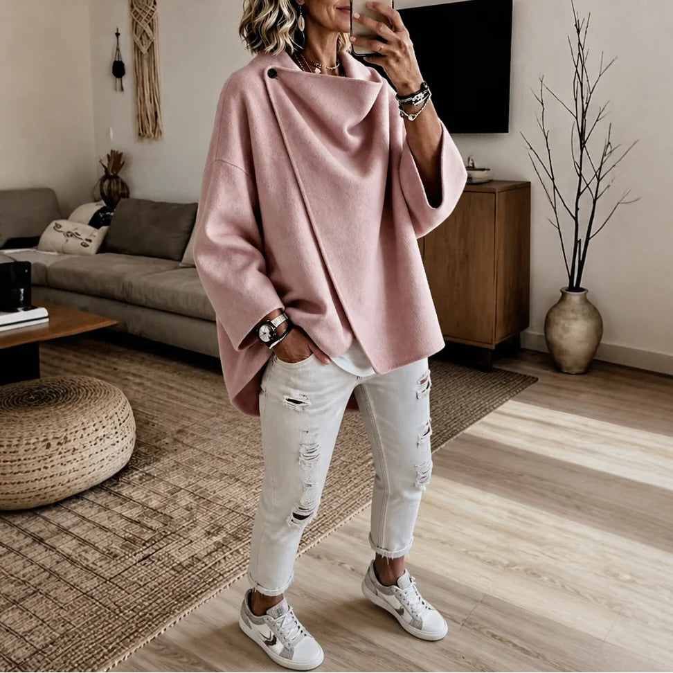 Pink Women's Cape Jacket with Asymmetric Button Collar & Relaxed Drape