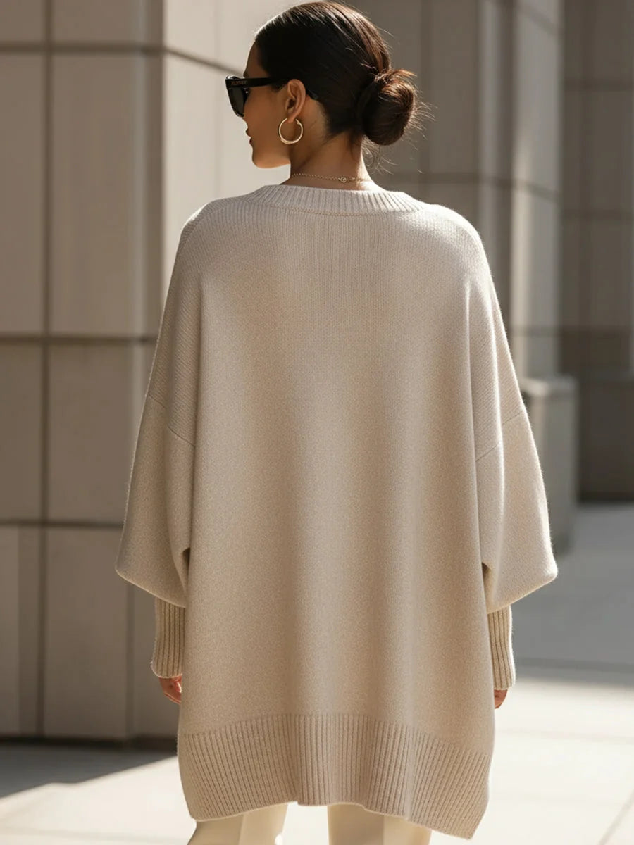 Women's Asymmetrical Hem Sweater with Oversized Batwing Sleeves - Back Full