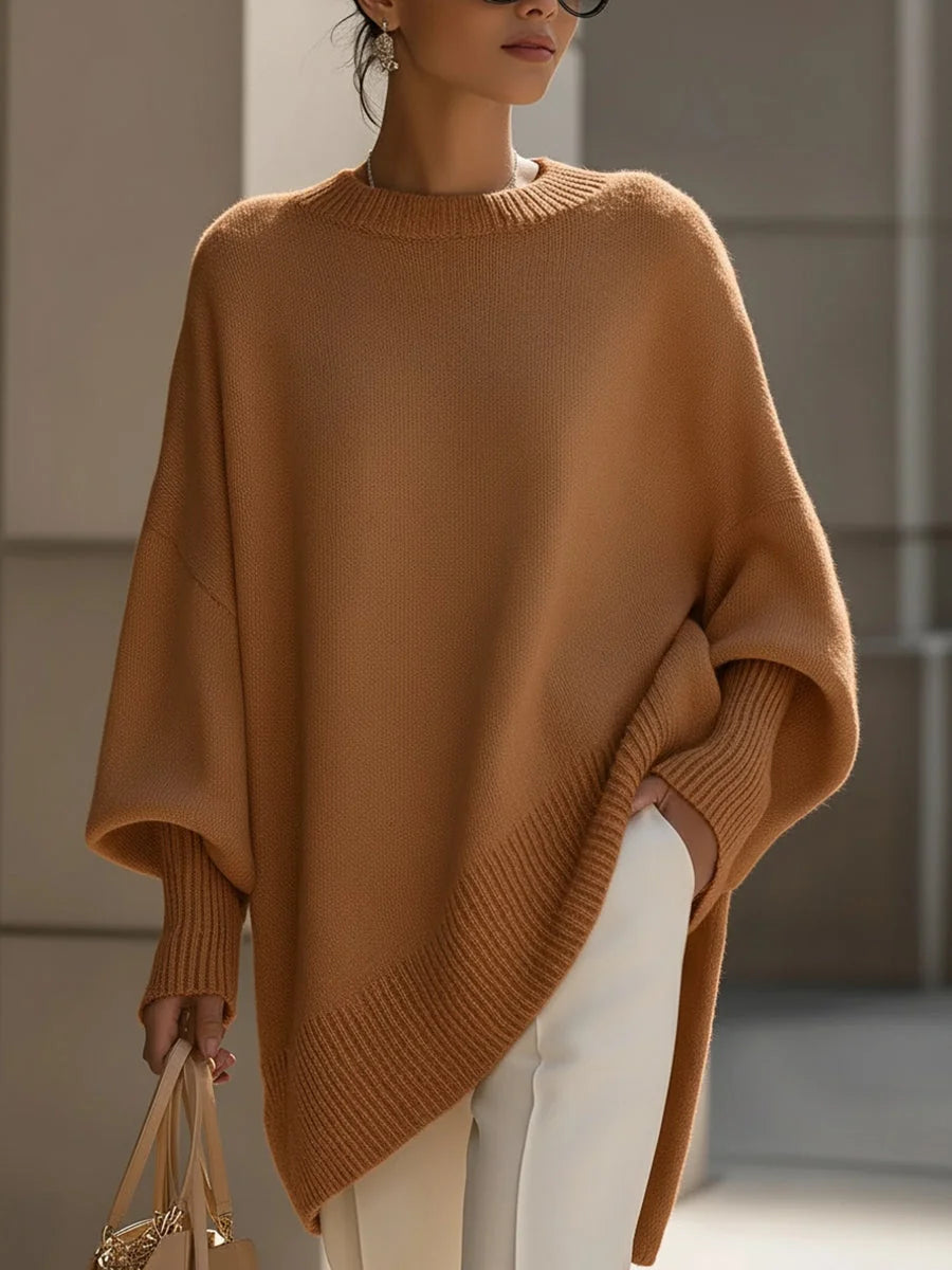 Women's Asymmetrical Hem Sweater with Oversized Batwing Sleeves - Front Crop