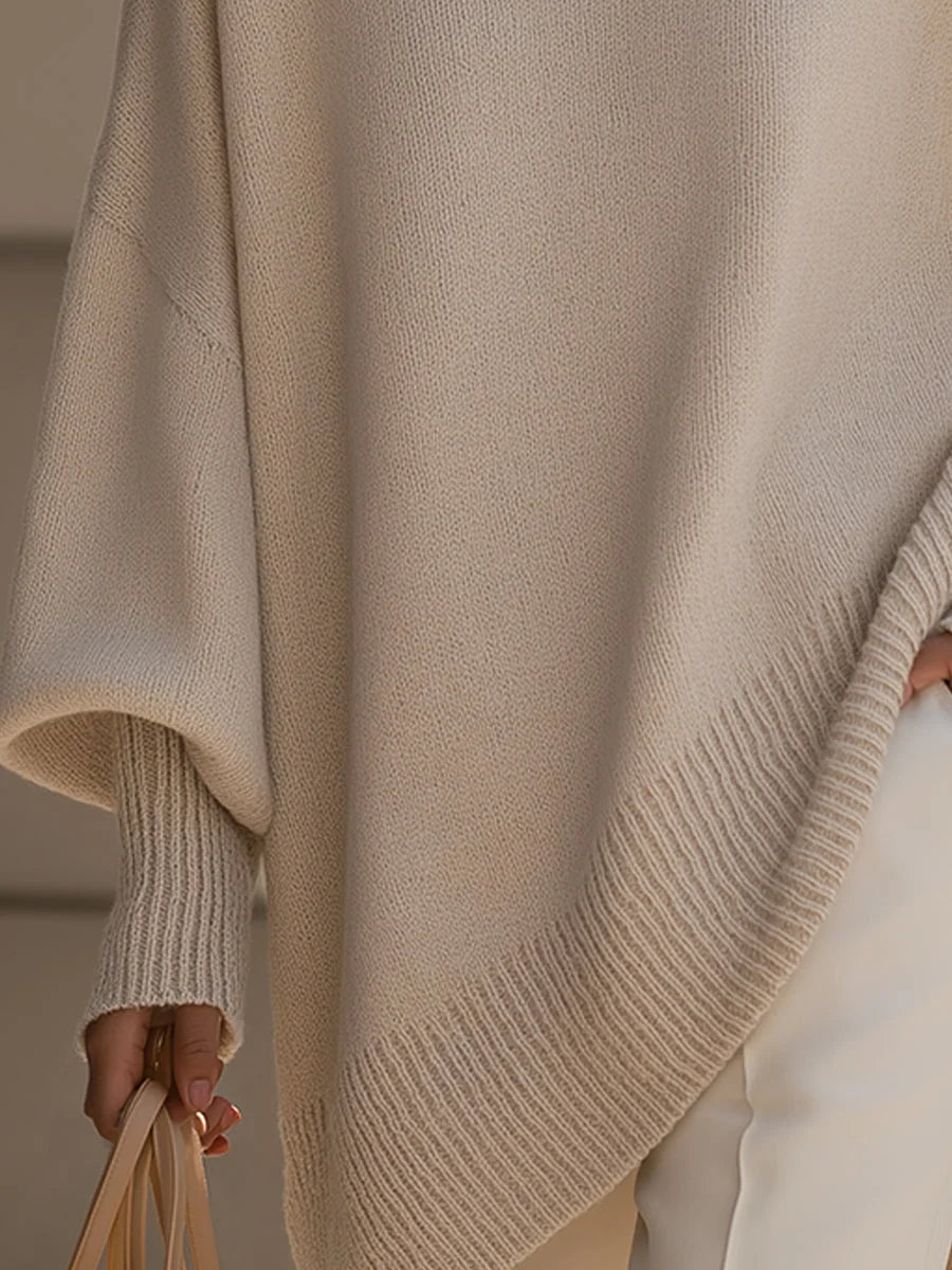 Women's Asymmetrical Hem Sweater with Oversized Batwing Sleeves - Hem Detail