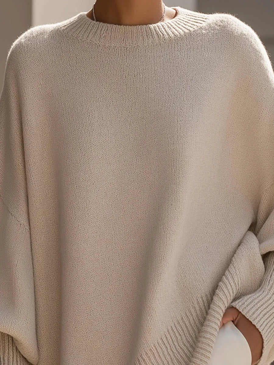 Women's Asymmetrical Hem Sweater with Oversized Batwing Sleeves - Neckline Closeup