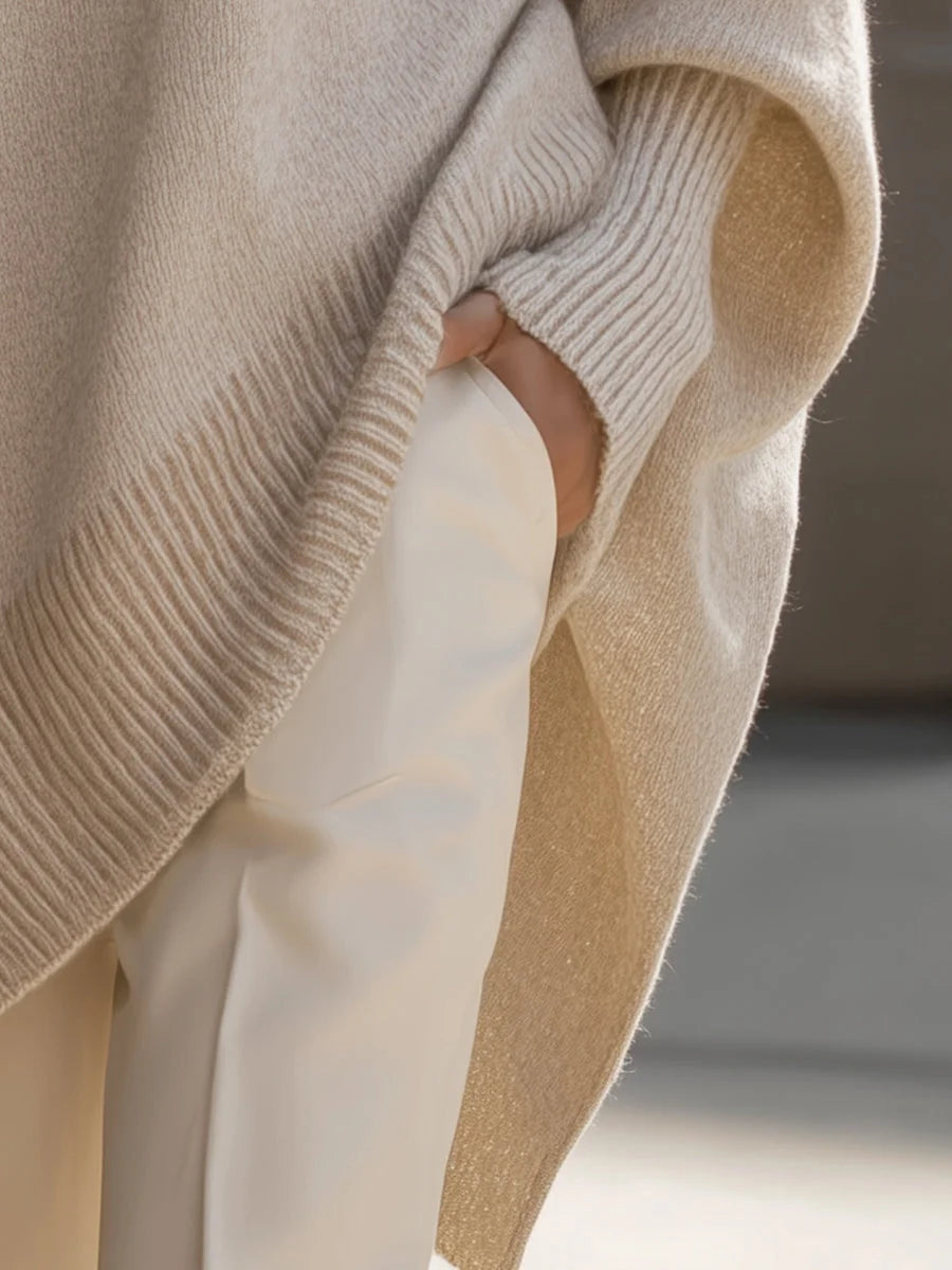 Women's Asymmetrical Hem Sweater with Oversized Batwing Sleeves - Pocket Detail