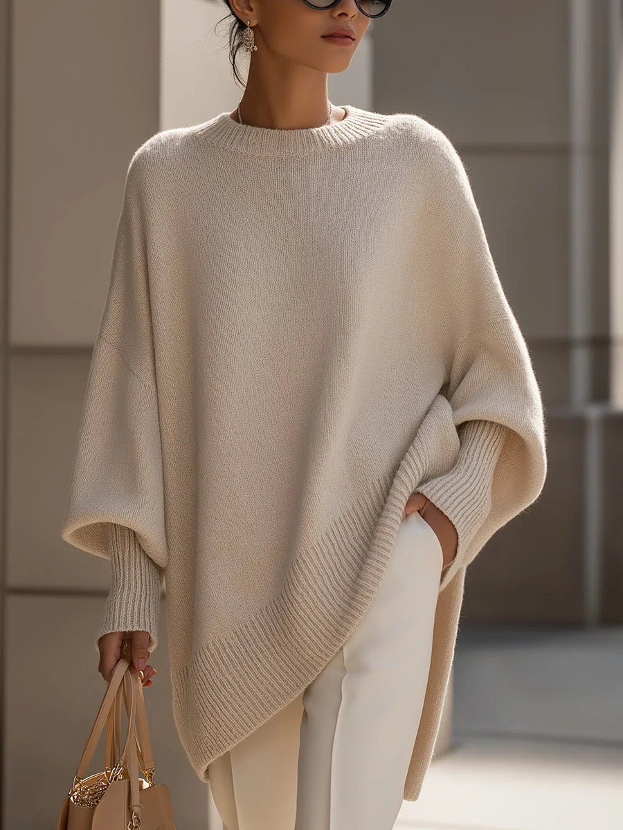 Beige Women's Asymmetrical Hem Sweater with Oversized Batwing Sleeves