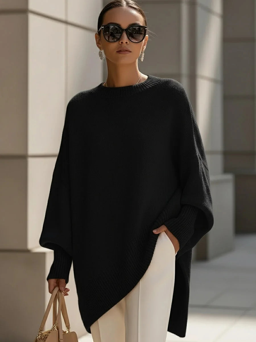 Black Women's Asymmetrical Hem Sweater with Oversized Batwing Sleeves