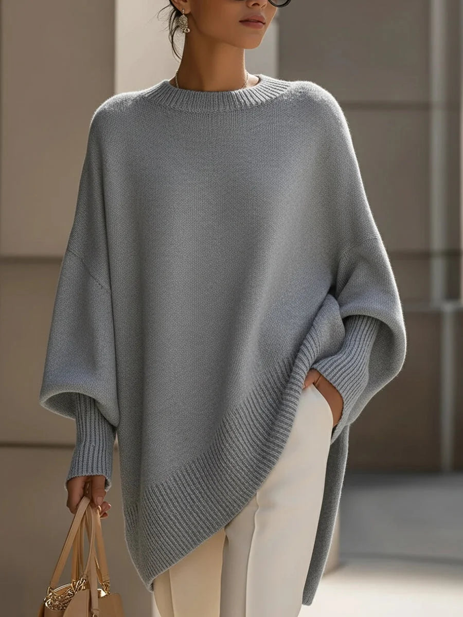 Gray Women's Asymmetrical Hem Sweater with Oversized Batwing Sleeves