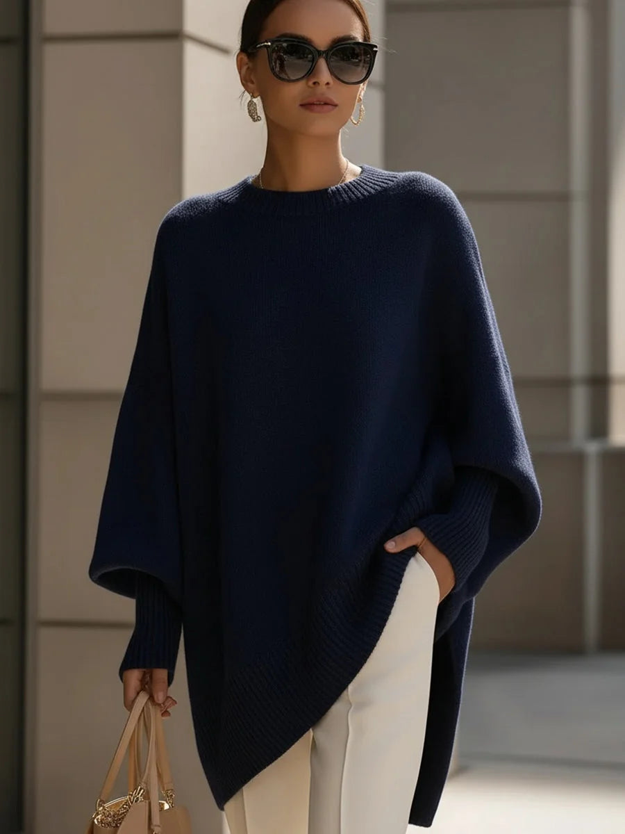Navy Blue Women's Asymmetrical Hem Sweater with Oversized Batwing Sleeves
