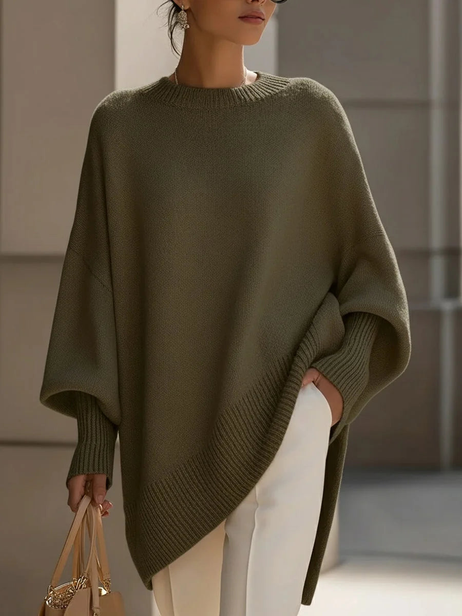 Olive Green Women's Asymmetrical Hem Sweater with Oversized Batwing Sleeves