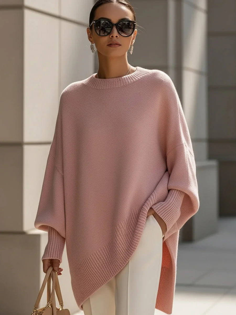 Pink Women's Asymmetrical Hem Sweater with Oversized Batwing Sleeves