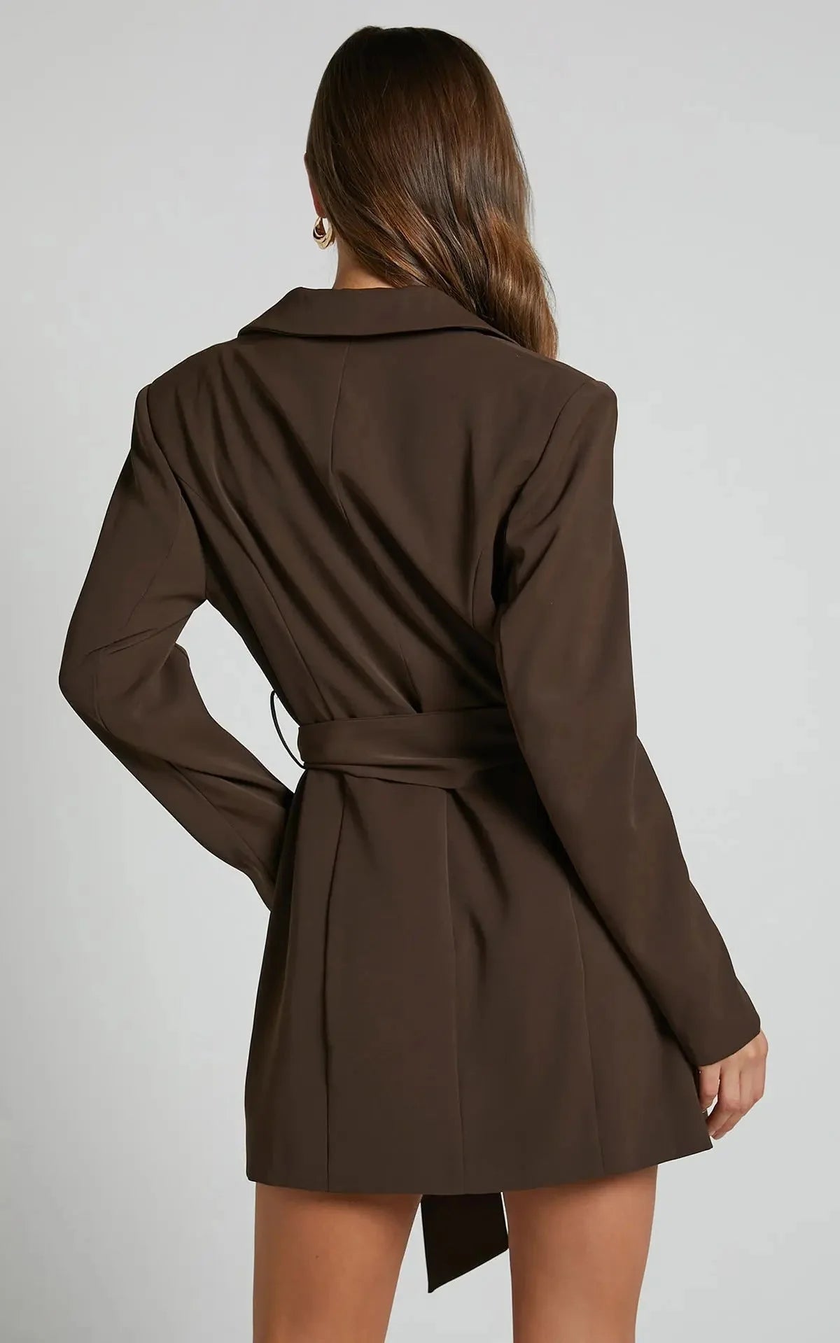 Brown Women's Belted Blazer Dress with Double-Breasted Front & Tailored Midi Fit - Back Full