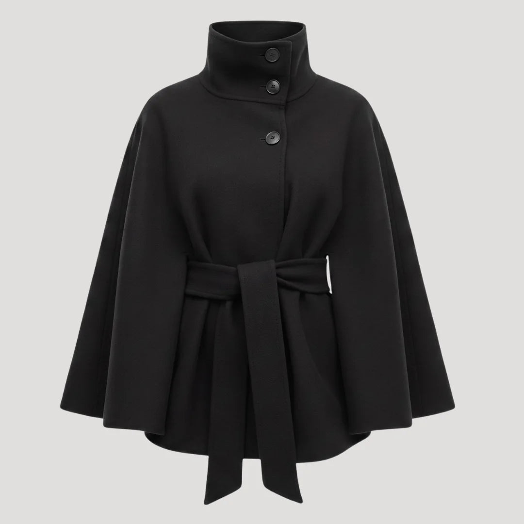 Black Women's Belted Cape Coat with Stand Collar & Tie Waist