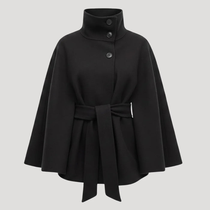 Black Women's Belted Cape Coat with Stand Collar & Tie Waist
