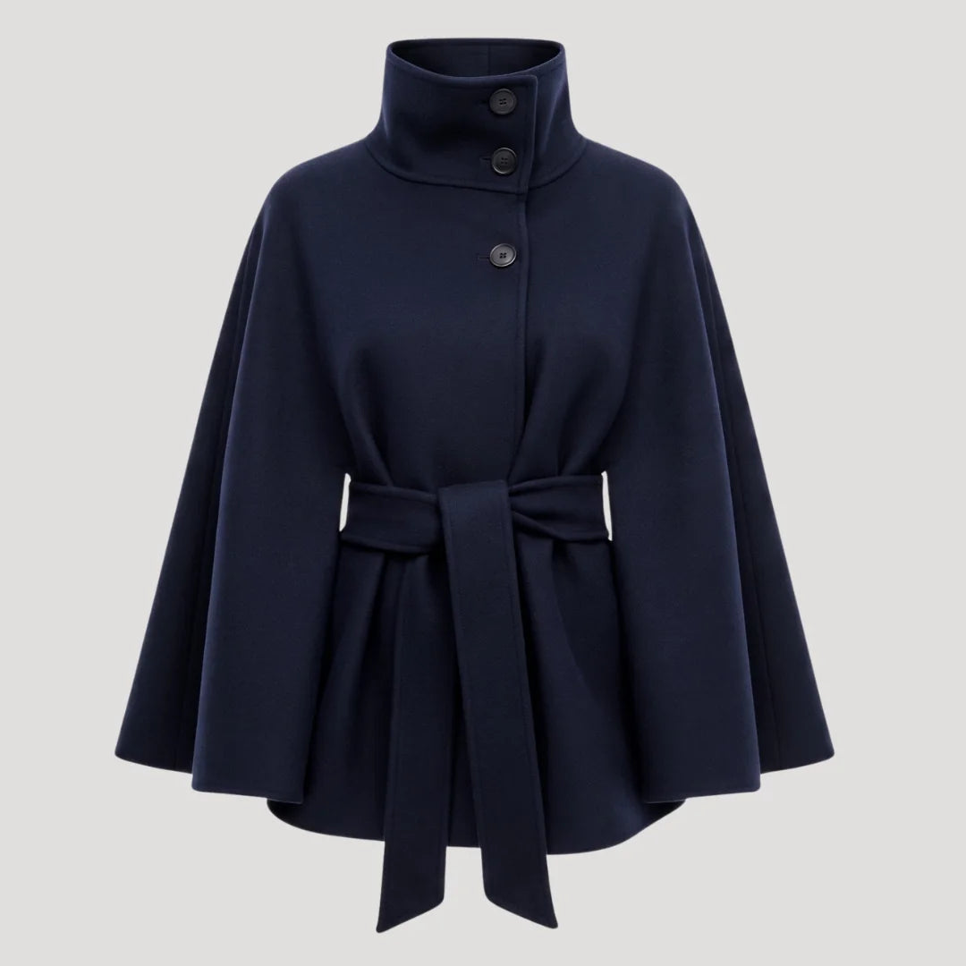 Navy Blue Women's Belted Cape Coat with Stand Collar & Tie Waist