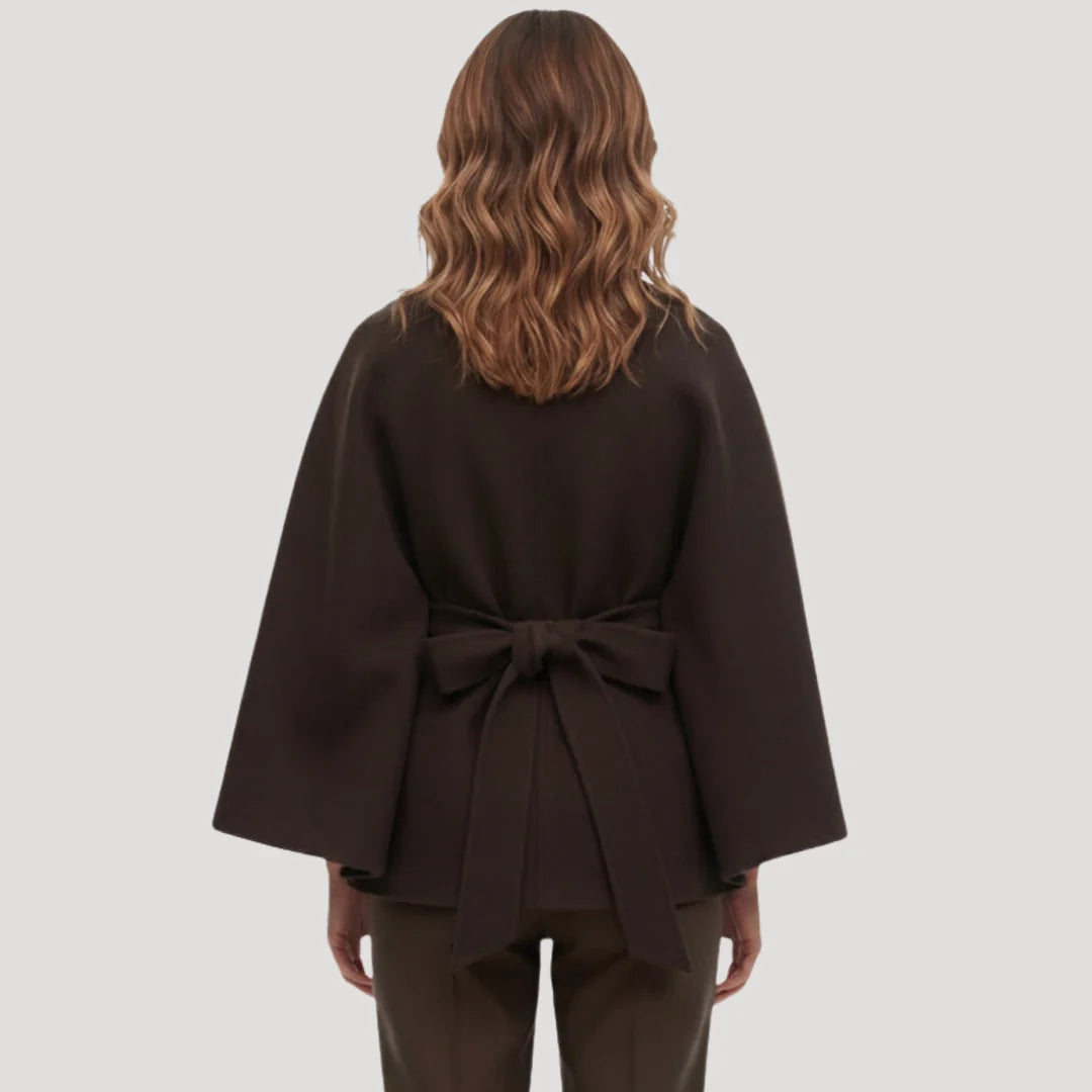 Women's Belted Cape Coat with Stand Collar & Tie Waist - Back Worn