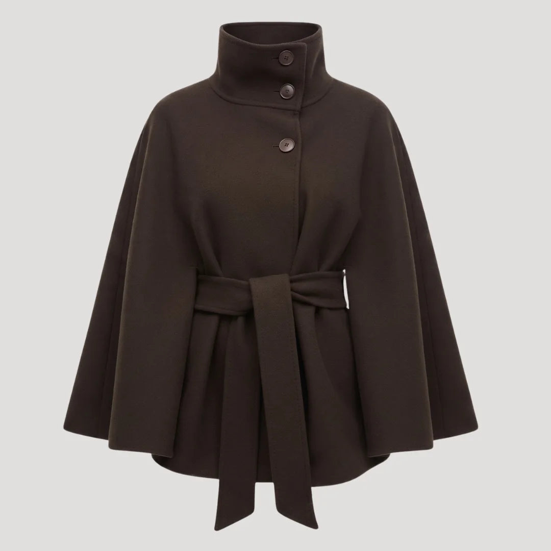 Brown Women's Belted Cape Coat with Stand Collar & Tie Waist