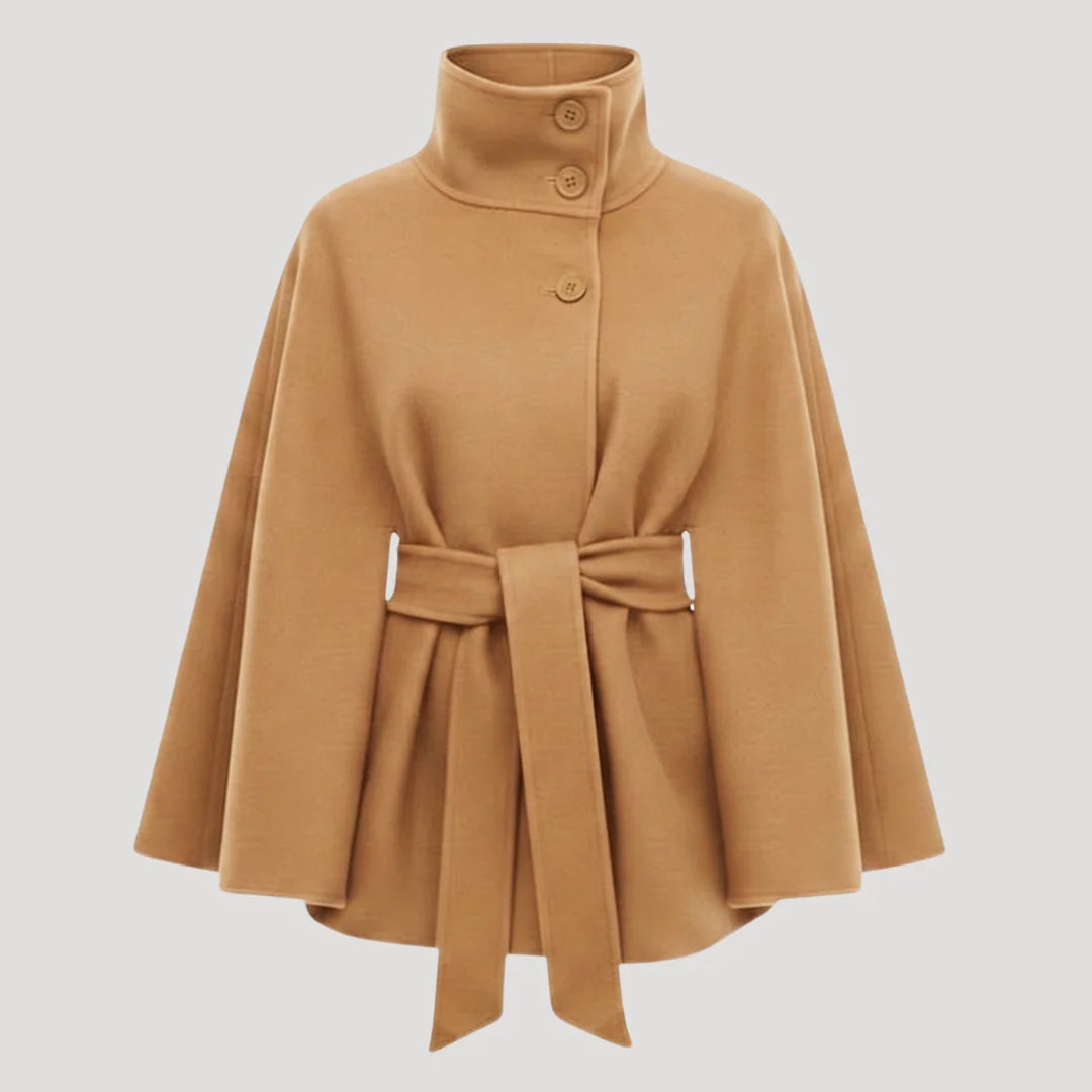 Khaki Women's Belted Cape Coat with Stand Collar & Tie Waist - Front Pose