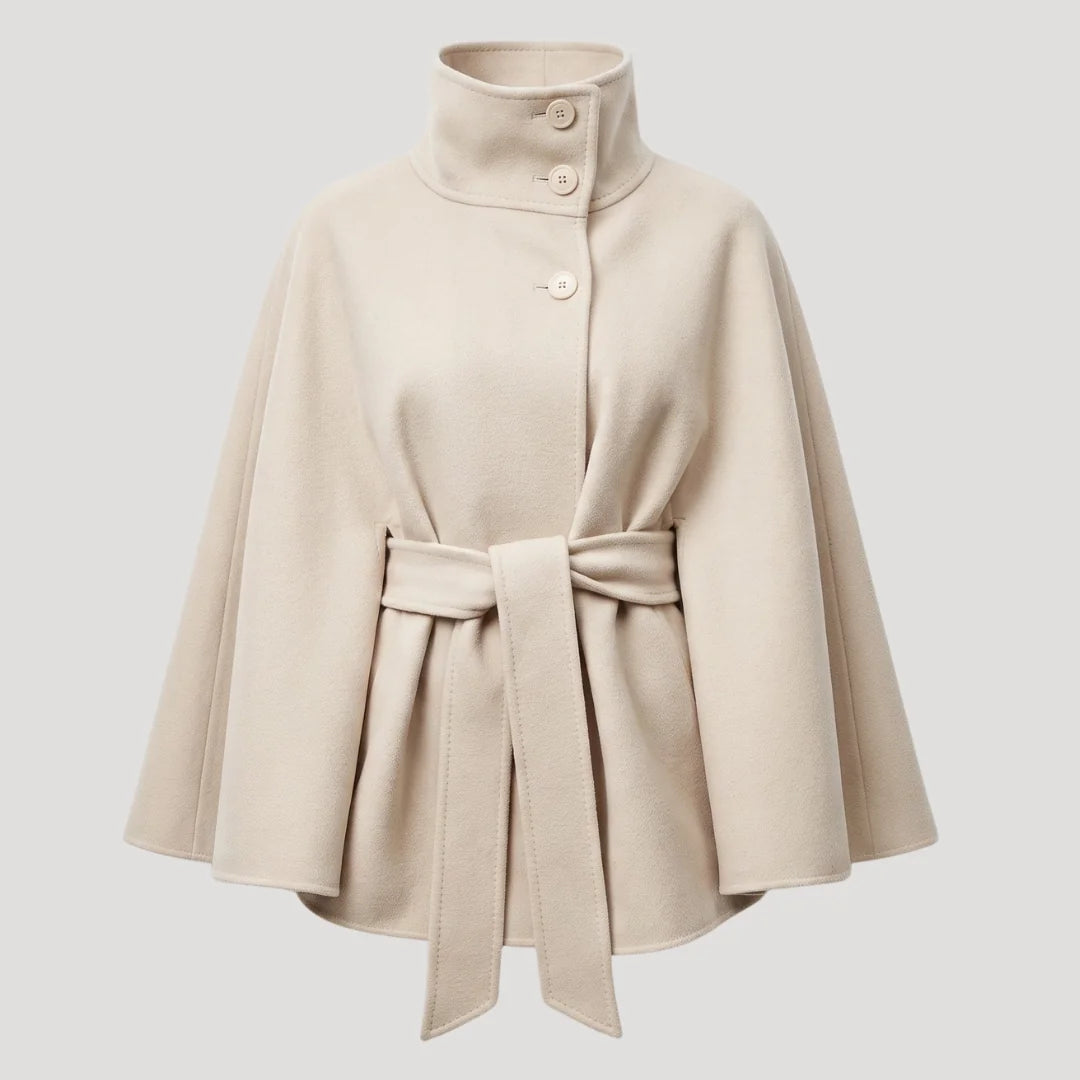 White Women's Belted Cape Coat with Stand Collar & Tie Waist