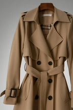 Women's Belted Trench Coat with Notched Lapel & Relaxed Fit - Close Up Lapel